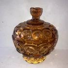 Amber Moon and Stars Cut Depression Glass Candy Jar