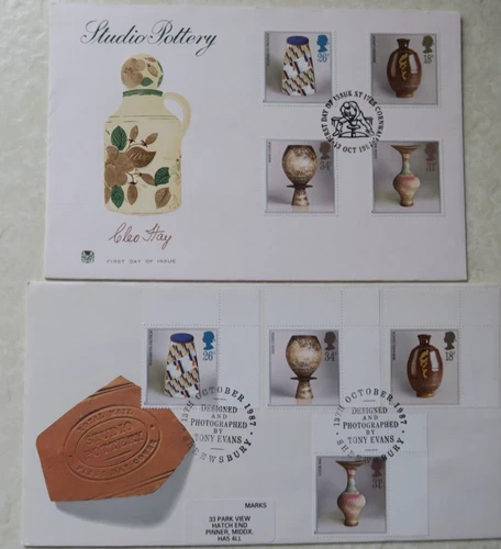 2 x 1987 ROYAL MAIL & STUART FDCS - STUDIO POTTERY STAMPS - SHREWSBURY & ST IVES