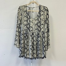 Tobi Snakeskin Print Mini Dress Grey Black Pom Pom Trim Long Sleeve Small