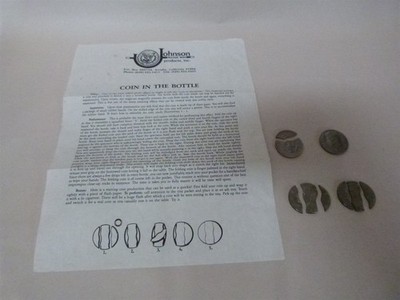 VTG Magic Trick Props & Instructions COIN IN BOTTLE BY JOHNSON PRECISION 3 COINS