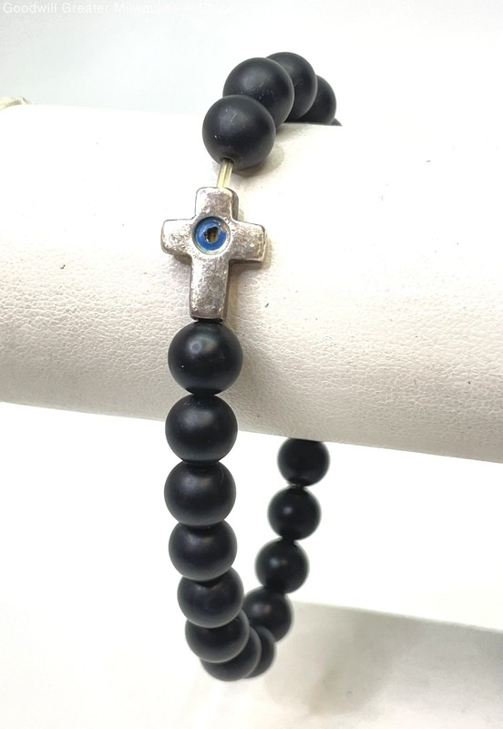 Moero 925 Sterling REPAIR Evil Eye Cross Onyx Ball Beads Stretch Bracelet 20g