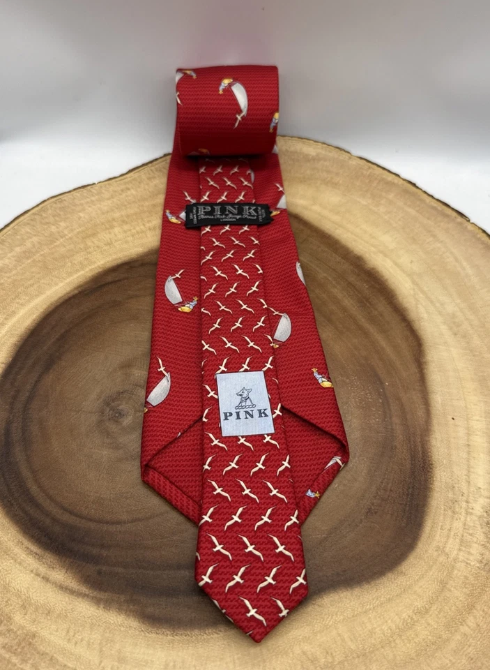 Corbata Rosa Thomas Rara 100% Seda Zorro Rojo en Patrón de Velero Hecha en Francia Foto 3 de 4