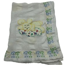 Vintage Cotton Embroidered Baby blanket White Green Blue Bunny MID Century