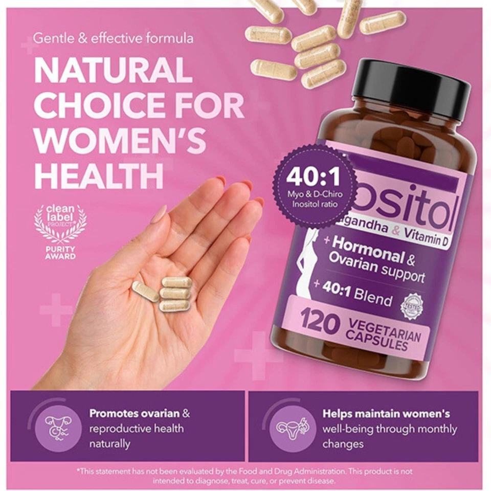 Suplemento de mioinositol para SOP con ashwagandha y vitamina D-120 cápsulas NUEVO Foto 2 de 4