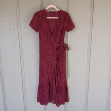 Lulus Women Blissfully Wrap Midi Dress Size XS Burgundy Jacquard Short Sleeve