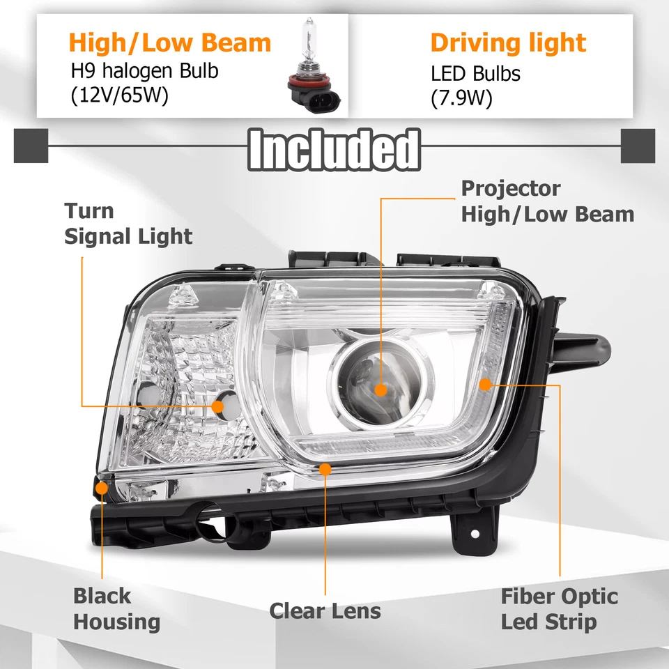 LED Projector Headlights Chrome For Chevrolet Camaro 2010 2011 2012 2013 Pair - Image 3 of 4