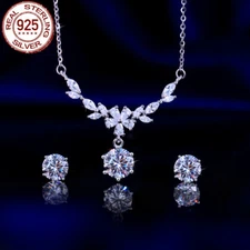 Gorgeous 925 Sterling Silver CZ Round Drop Earrings Necklace Party Jewelry Set