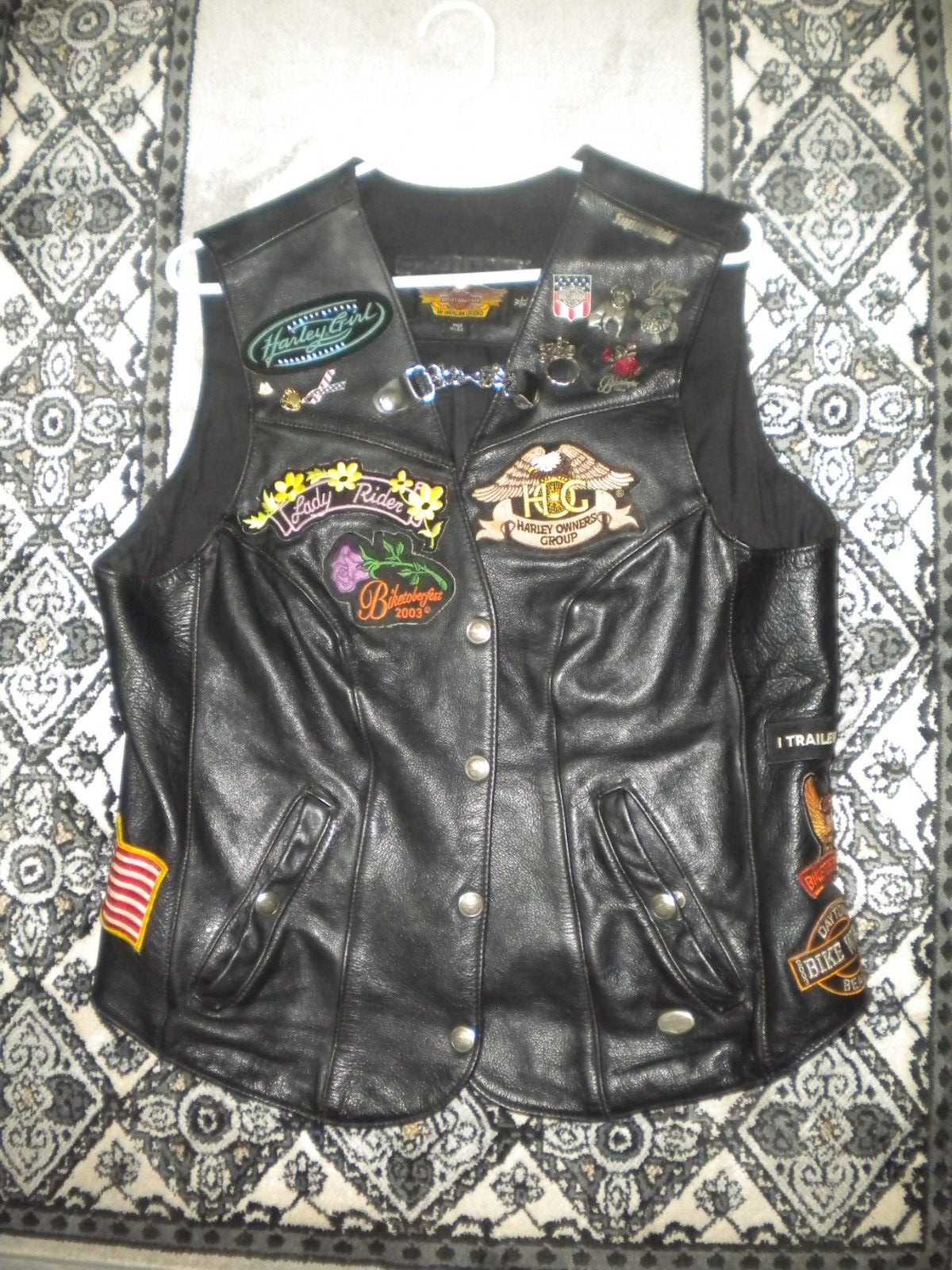 Harley Davidson Black Leather Biker Vest Pins Patches… Gem