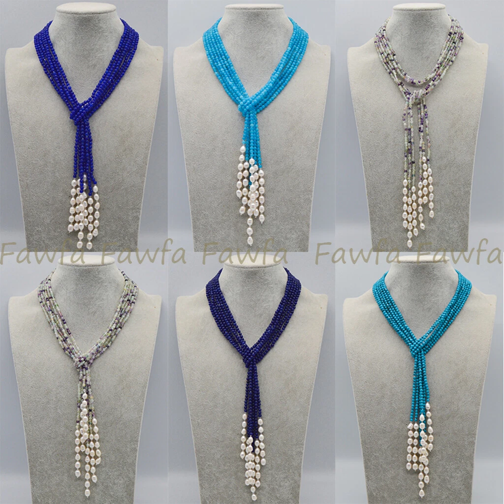 VETEMENTS Collana Perle Lariat 3 Fili 4mm Pietra Preziosa Bianca Naturale Bianca Acqua Dolce