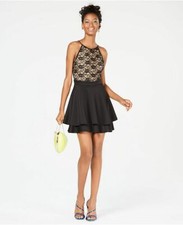 $280 Emerald Sundae Juniors Black Nude Laced High Neck Fit & Flare Dress Size 11