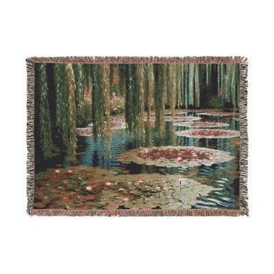 Artistic Pond Weeping Willows lily pads lotus Woven Tapestry Quilt Blanket