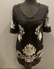 Free People Short Sleeve Open Back Black Floral Embroidered Tunic Dress Size XS