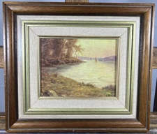 Oil on Panel Early 20th Century Seascape River Navigation Sailboats Beach