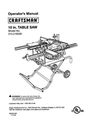 #ad Craftsman 315.218290 Table Saw Owners Instruction Manual $20.24