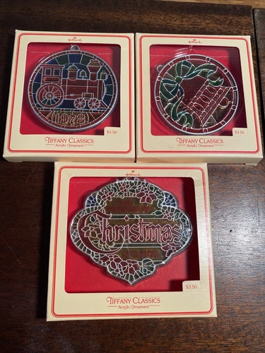 1979 Hallmark Tiffany Classics Stained Glass Ornaments Bell, Train Message inBox