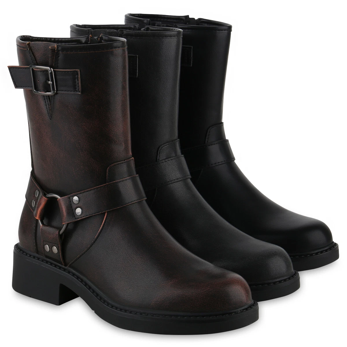 Ital-Design Bikerboots Mit Nieten Und Riemen Für Damen, Alltagstauglich