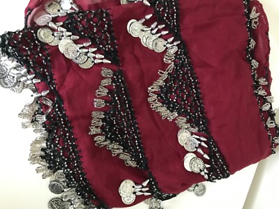 ORNATE BELLY DANCE MAROON RECTANGULAR COIN SCARF
