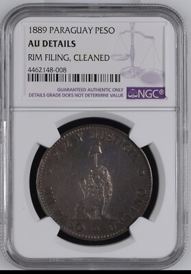 1889 NGC AU Details Paraguay Peso Lion Liberty Cap Silver Crown