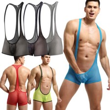 Mens Mesh Sheer Suspender Jockstrap Leotard Underwear Wrestling Singlet Bodysuit