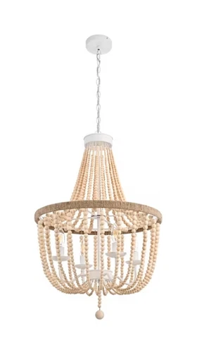 Chandelier Light Fixture Farmhouse Shabby Beige Wood Bead Chic Rope Pendant Lamp - Picture 3 of 9