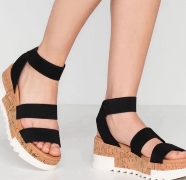 Steve Madden Bandi Platform Sandal Wedge Black Elastic Strap Cork Women’s 