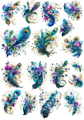 Blumen, Pfau, Federn, Schmuckton - 2xA4 Reispapier Decoupage, Wohndeko