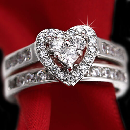 18K WHITE GOLD GF SILVER LOVE HEART LUXURY LADIES ENGAGEMENT WEDDING RINGS SET - Picture 1 of 6