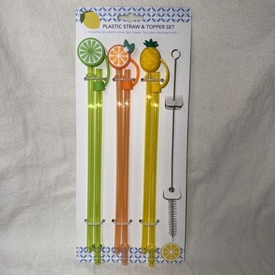 Reusable 6 Piece Plastic Straw & 3 Piece Fruit Toppers & A Cleaning Brush Lime