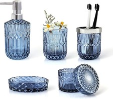 Blue Bathroom Accessories Set, 5Pcs Clear Glass Accessories,