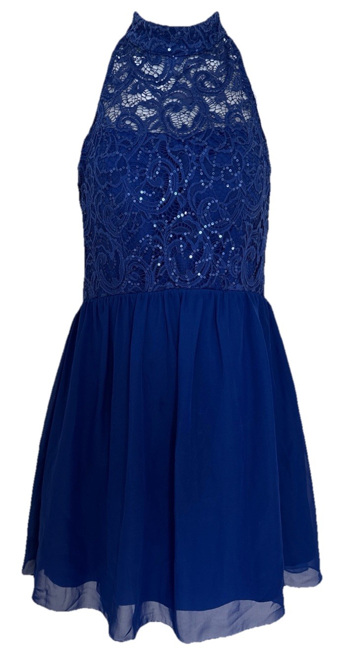 Blue Lace Sequin Halter Fit Flare Dress Size 5, Prom, Wedding, Event. Urban Chic
