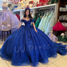 Royal Blue Quinceanera Dresses with Bow Off Shoulder 3D Flowers Ball Gowns