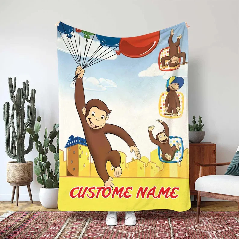 Curious George Custom Blanket, George Flying Balloons Fleece Blanket