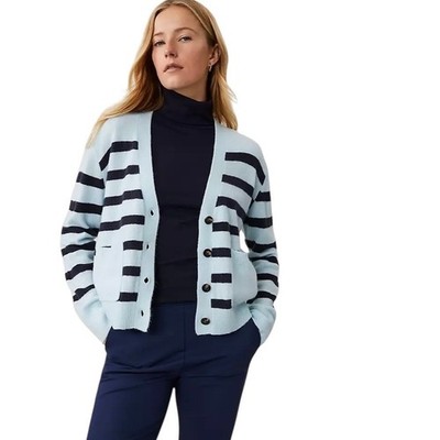 Ann Taylor Weekends Striped V-Neck Cardigan Sweater Size XL Blue New With Tags
