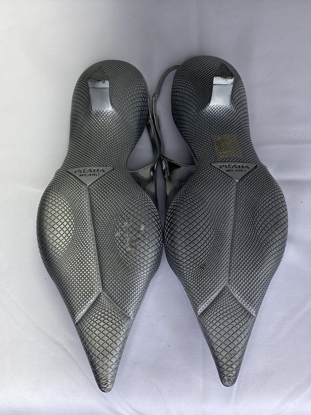 Prada Womens Pumps Silver Size 7.5 Pointed Slingback Low Kitten Heel Logo thumbnail 12