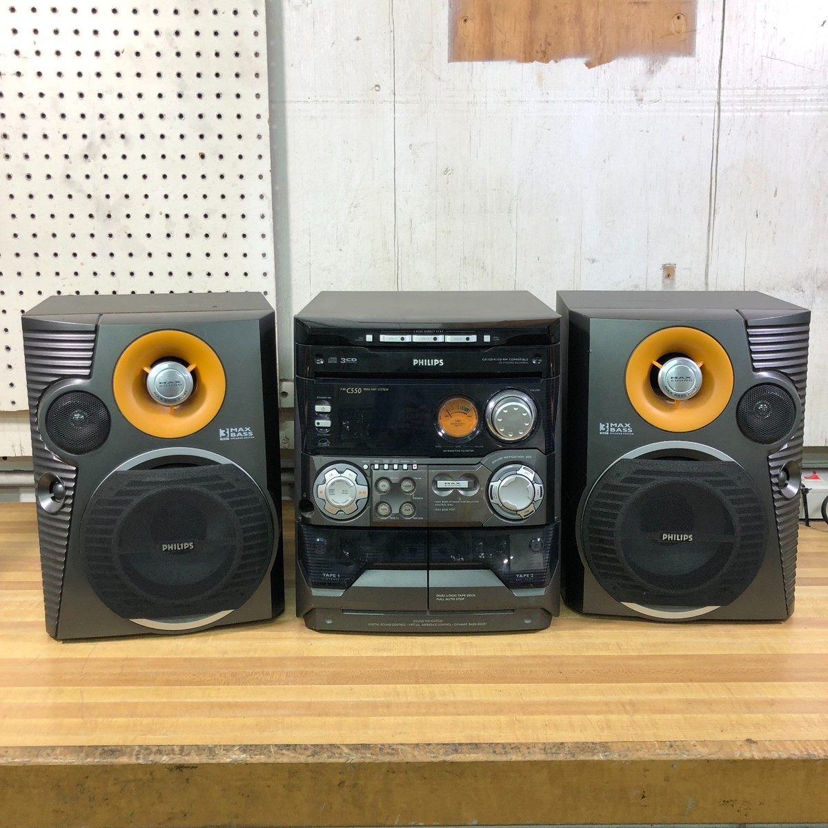 Philips FW-C550 Black Dual Cassette Deck 3 CD Changer Speakers