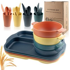 24 Pcs Wheat Straw Dinnerware Cutlery Sets, Toddlers Divided Plates Unbreakab...