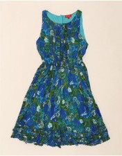 VINTAGE Womens Sleeveless A-Line Dress UK 12 Medium Blue Floral Viscose WU05