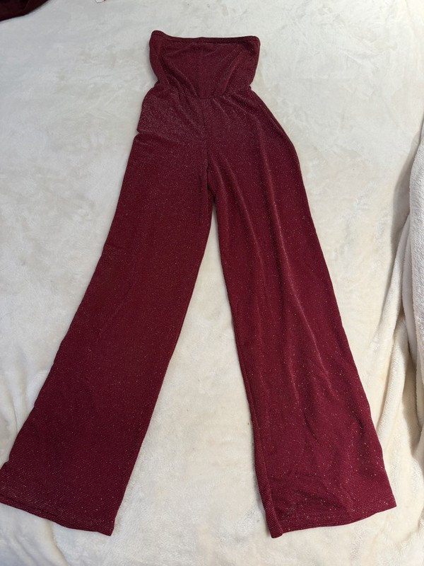Boohoo Petite Burgundy Strapless Wide-Leg Glitter Jumpsuit Women’s US 4