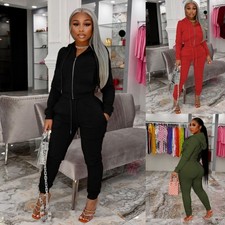 Womens 2Pcs Zipper Sweat Suit Hoodie Tracksuit Pants Tops Sweatshirt Sports Sets