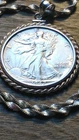 US 1942 .900 Walking Liberty Rope Coin Pendant, 20" Italy Silver Chain W Coa Box