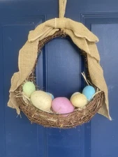 New Burlap & Twig Nest w/Speckled Eggs, hangs 23” Easter Wreath Wall Hanging 