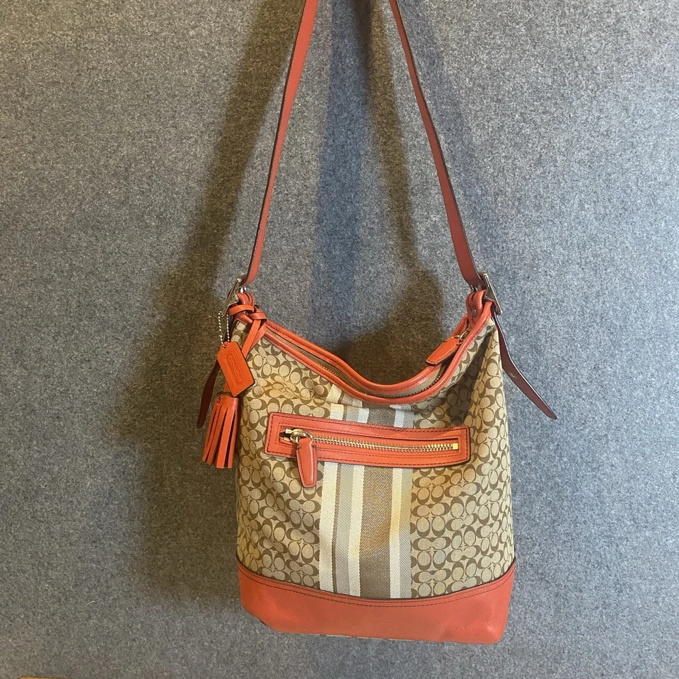Bolso Coach New York Legacy vintage de lona de cuero a rayas rosa coral Foto 3 de 4