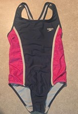 Speedo Youth Girls 12 Racerback One Piece Swimsuit Gray Pink White Bathing Suit