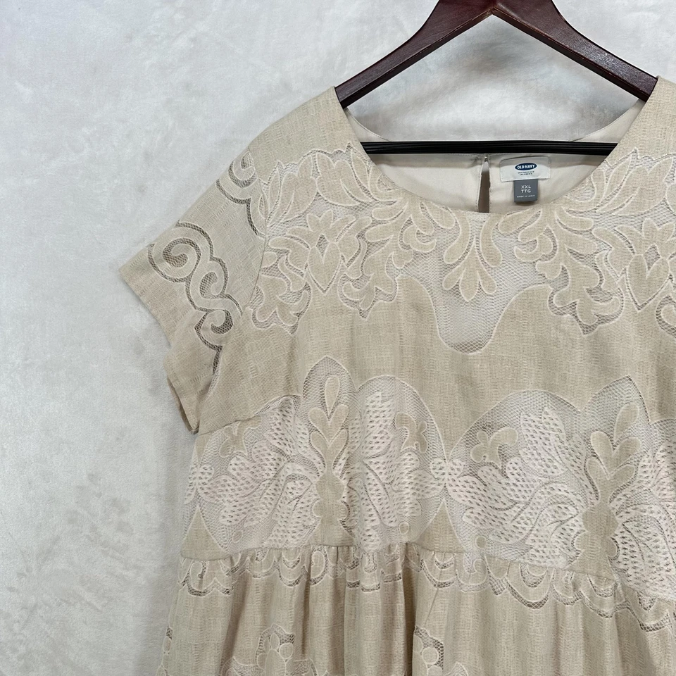 Antiguo Vestido Azul Marino Para Mujer XXL Beige Encaje Bordado Babydoll Country Cottage Boho Foto 2 de 4