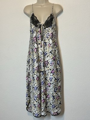 Vtg 80s Christian Dior Floral Satin Nightgown Black Lace Detail Slip Dress Sz S