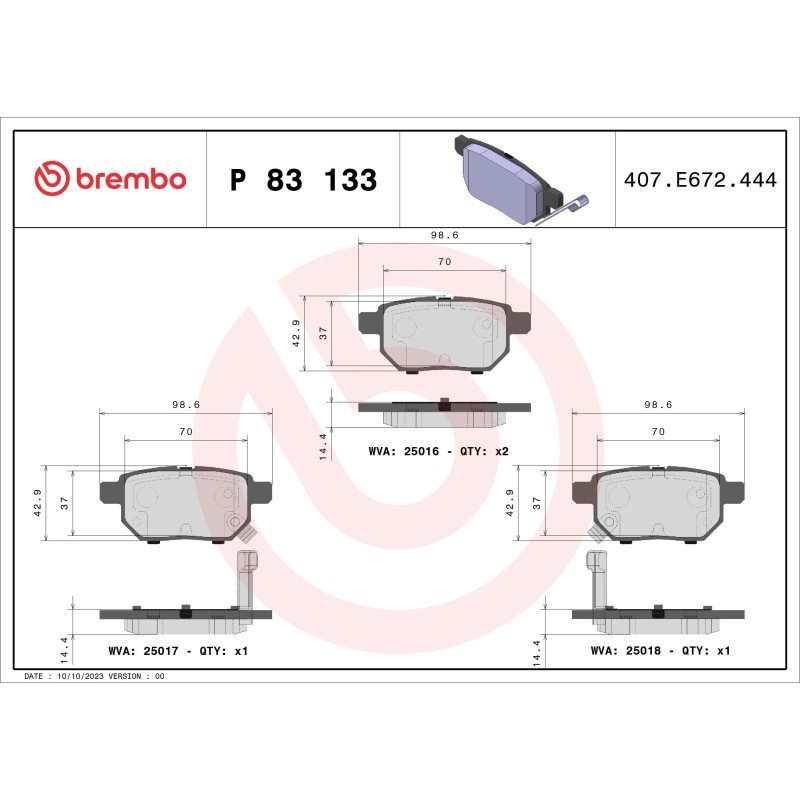 BREMBO P 83 133 Brake Pads Set Rear for Corolla Rumion Auris Yaris / Vios Prius