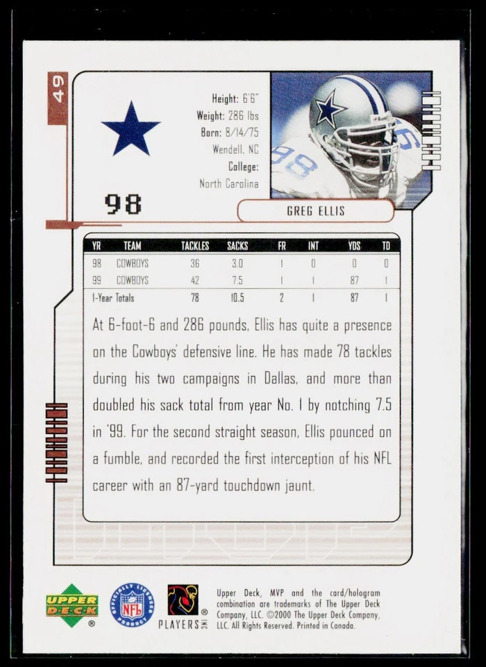 2000 Upper Deck MVP #49 Greg Ellis - Image 2 of 2