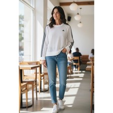 Adidas Womens White Mesh Crew Neck Sweatshirt with 3 Stripe Sleeves Size Medium