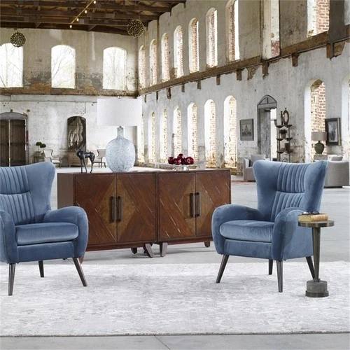 Uttermost Dax Wood and Fabric Accent Chair in Teal Blue and Black - Picture 7 of 8