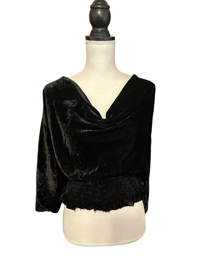 VTG Black Crushed Velvet Top Womens M Smock Waist Y2K Whimsigoth Witchy Boho - Image 2 of 4